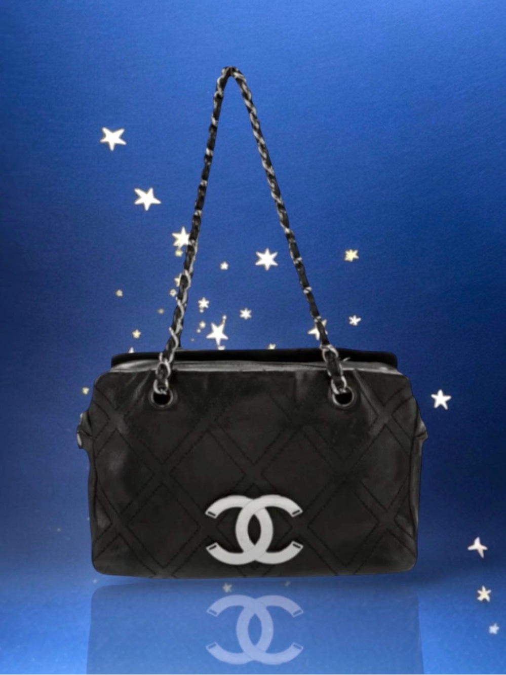 🩷CHANEL VINTAGE BLACK Diamond Stitches Shoulder Bag CC Logo Double Straps SHW